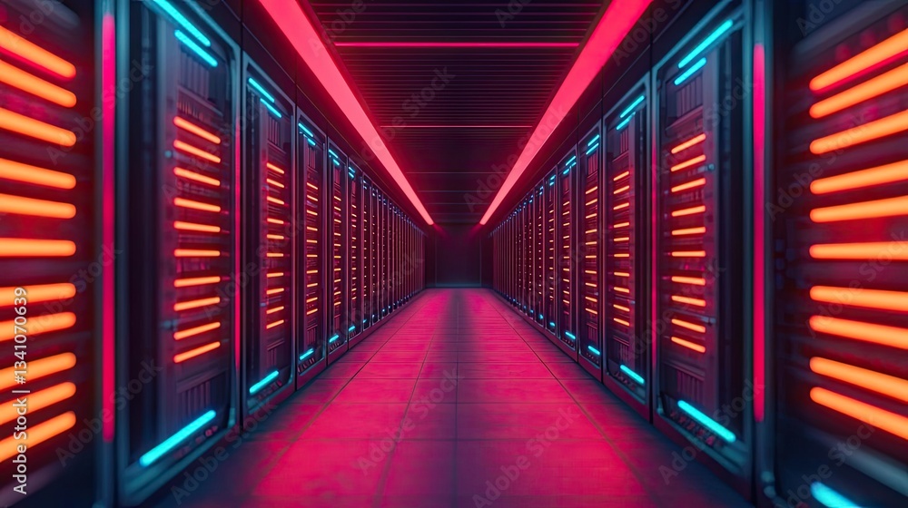 Poster Cloud technology in public and private server storage concept. Futuristic server room with vibrant neon lights creating an innovative atmosphere.