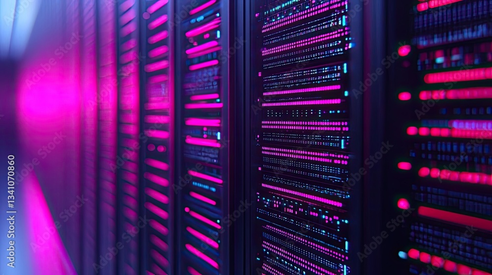 Poster Cloud technology private and public storage server concept. A close-up of a vibrant, illuminated server rack showcasing modern tech.