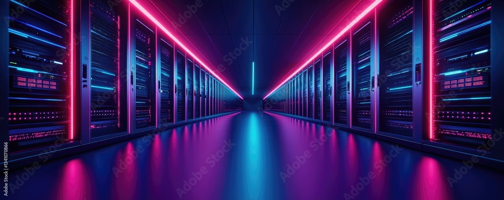 Poster Cloud technology database and server backup storage concept. Futuristic data center with illuminated server racks in neon colors.