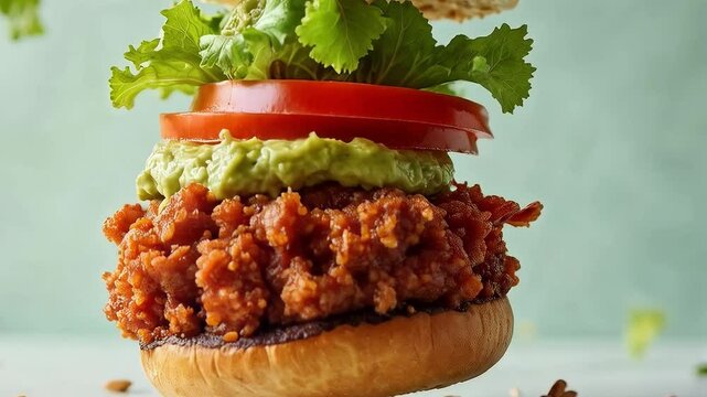 Hamburguesa flotante con carne desmenuzada, aguacate y tomate