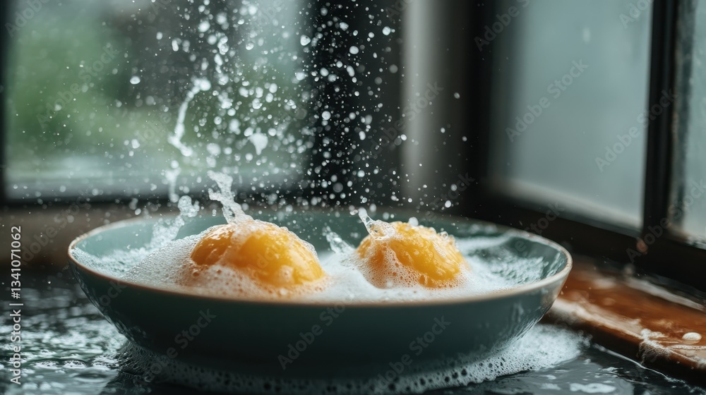Aufkleber two vibrant lemons submerged in soapy water create an enchanting splash within a bowl, merging appet