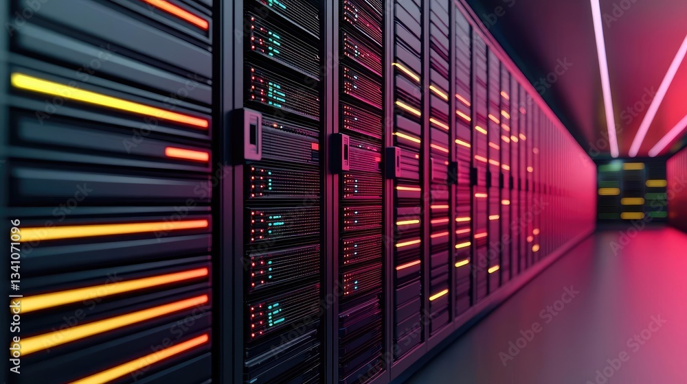 Poster Cloud technology in public and private server storage concept. Futuristic data center with illuminated server racks and advanced technology setup.