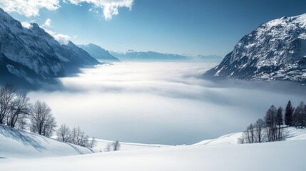 Fototapeta premium Fog and mist enveloping snowy landscapes creates an ethereal atmosphere at dawn in the mountains