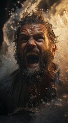 A man screams. A man screams in the splashing water.