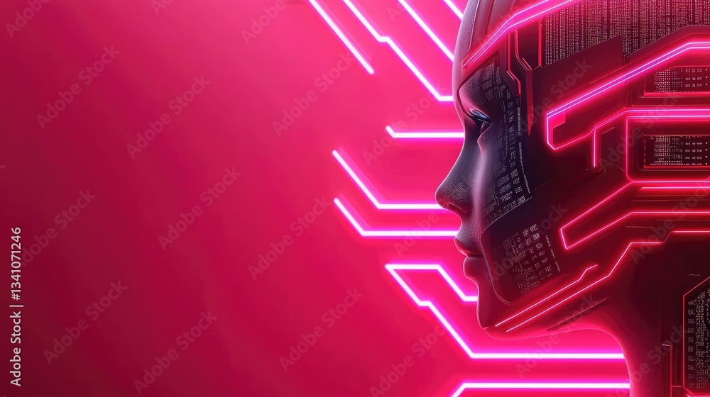 Poster Cloud technology private and public storage server concept. Futuristic illustration of a robotic head with neon circuit patterns.