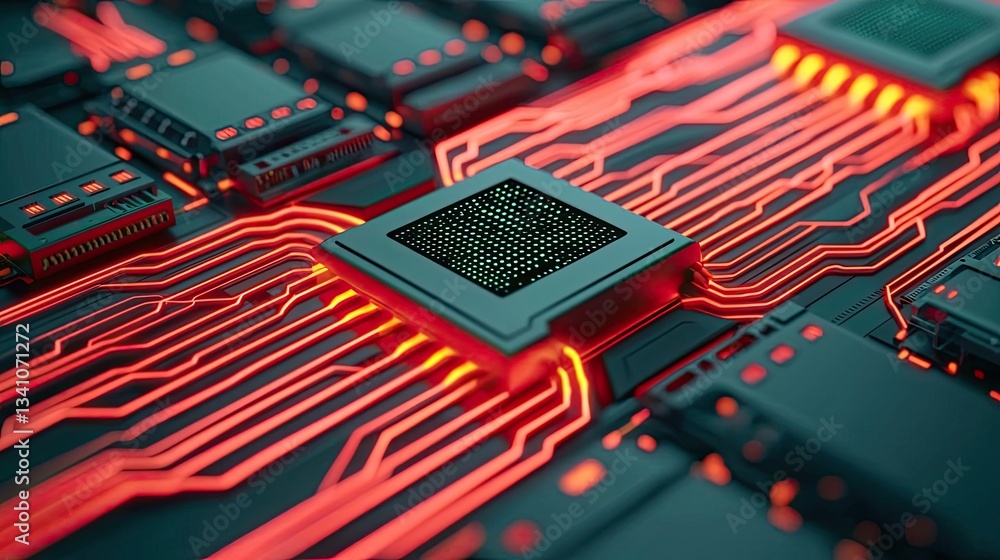 Poster Cloud technology private and public storage server concept. Close-up of a glowing circuit board with intricate red and black designs and patterns.