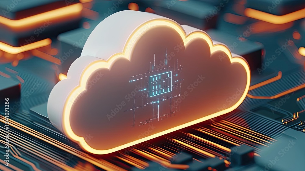Poster Cloud technology private and public storage server concept. Digital cloud computing symbol over circuit board background, showcasing modern technology.