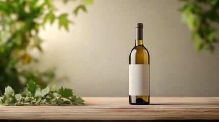 Fototapeta premium A sophisticated white wine bottle displayed elegantly on a wooden table, complemented by lush green vines in the background that add a touch of nature and refinement to any setting.