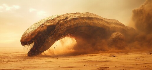 Giant Sandworm Emerging from Desert Sands, a Creature of Legend