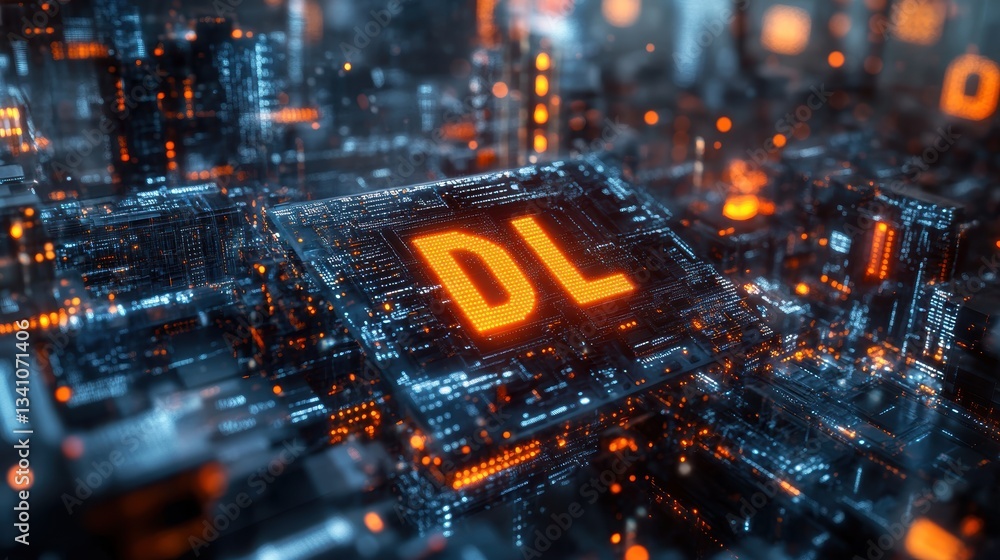 Poster digital landscape featuring dl and layers of artificial neural networks