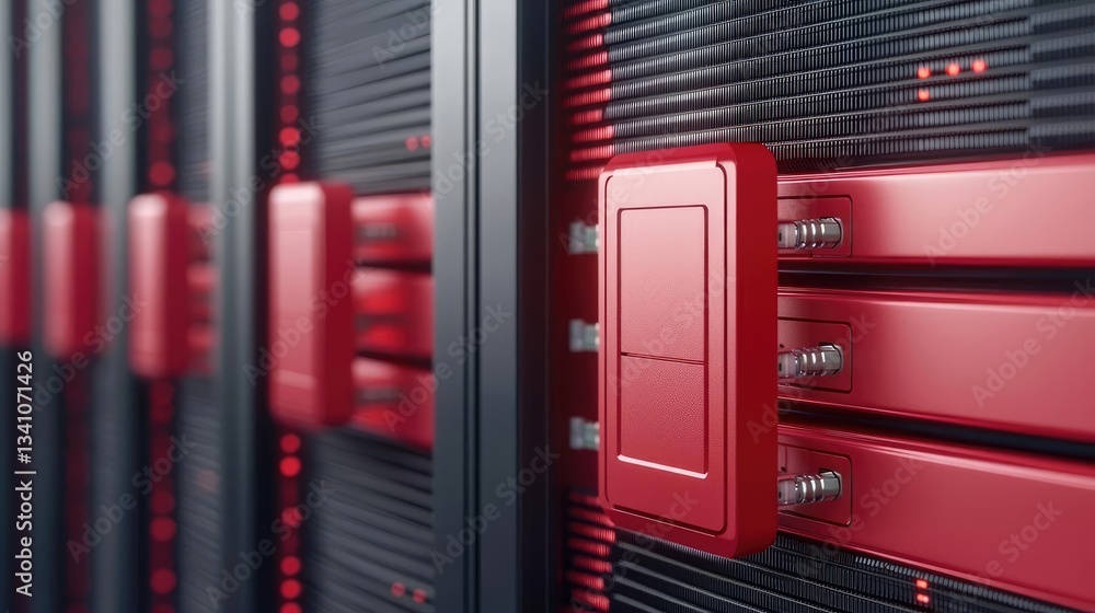 Poster Cloud technology in public and private server storage concept. Close-up of advanced server hardware with sleek red components and intricate design.