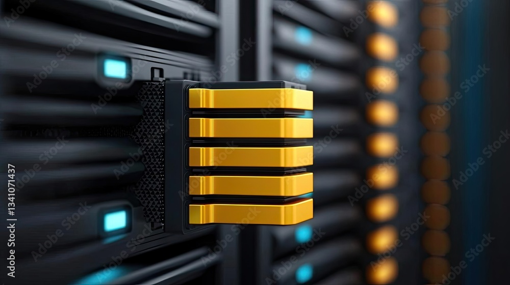 Poster Cloud technology in public and private server storage concept. Close-up of a yellow data storage unit connected to a server rack.