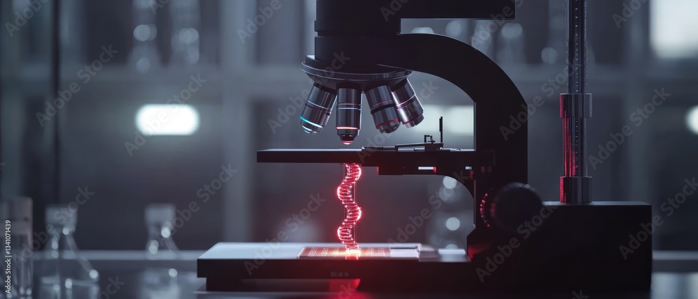 Poster advanced microscope with red laser illuminating sample