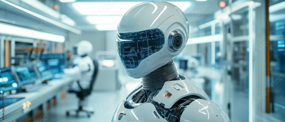 Poster futuristic robot in high-tech lab focused on object recognition and learning