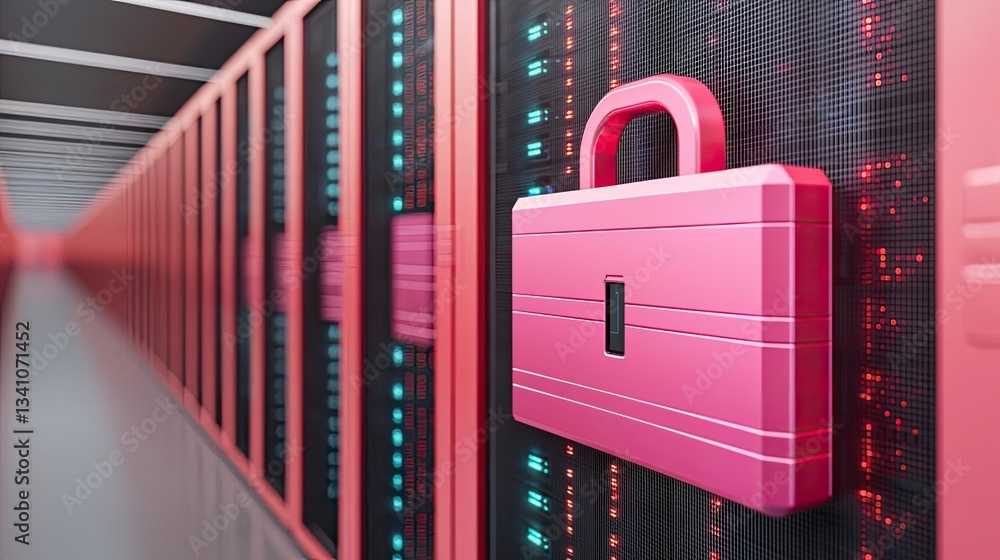 Poster Cloud technology private and public storage server concept. A colorful padlock securing server hardware in a data center environment.