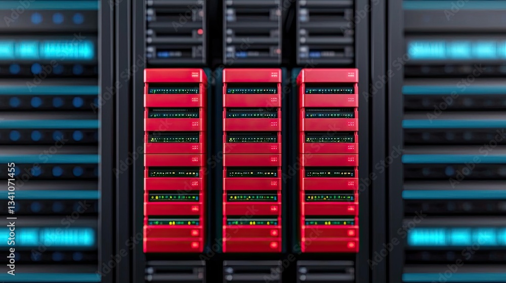 Poster Cloud technology in public and private server storage concept. High-tech server rack with red units and glowing blue indicators, showcasing data storage.