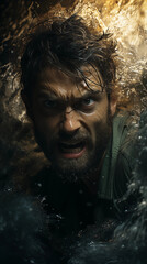 A man screams. A man screams in the splashing water.