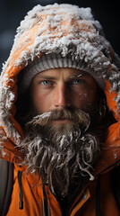 portrait of a man in a jacket with a hood in the snow.