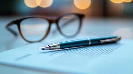 Professional Stock Photo of a Contract on a Table with a Pen and Glasses, Featuring Soft Focus, Shallow Depth-of-Field, Warm Color Grading, and Natural Lighting on a White Background