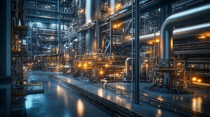 Obraz premium Interior view of a large industrial plant with pipes and structures