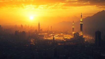 Naklejka premium Golden Sunset over Mecca: A Breathtaking Panorama of the Holy City