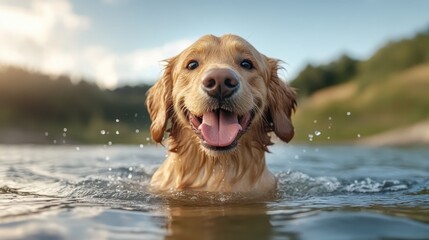 A joyful image of a golden retriever splashing water while swimming, capturing the essence of happiness and freedom that comes with outdoor play in nature's beauty.