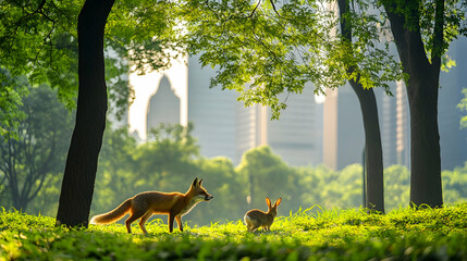 Fox and rabbit in lush urban park at sunrise