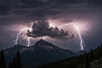 Dramatic lightning strikes above a mountain range with dark clouds, a powerful display of nature's force.

