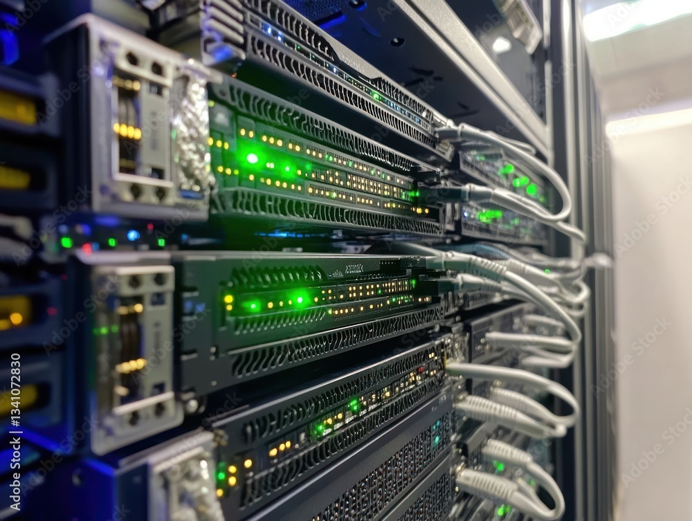 Aufkleber close-up of illuminated server racks in a data center with cables