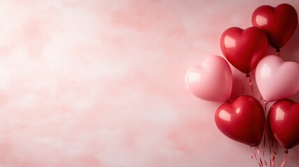 Set against a subtle textured pink background, this image of heart-shaped balloons symbolizes love and affection, ideal for romantic themes.