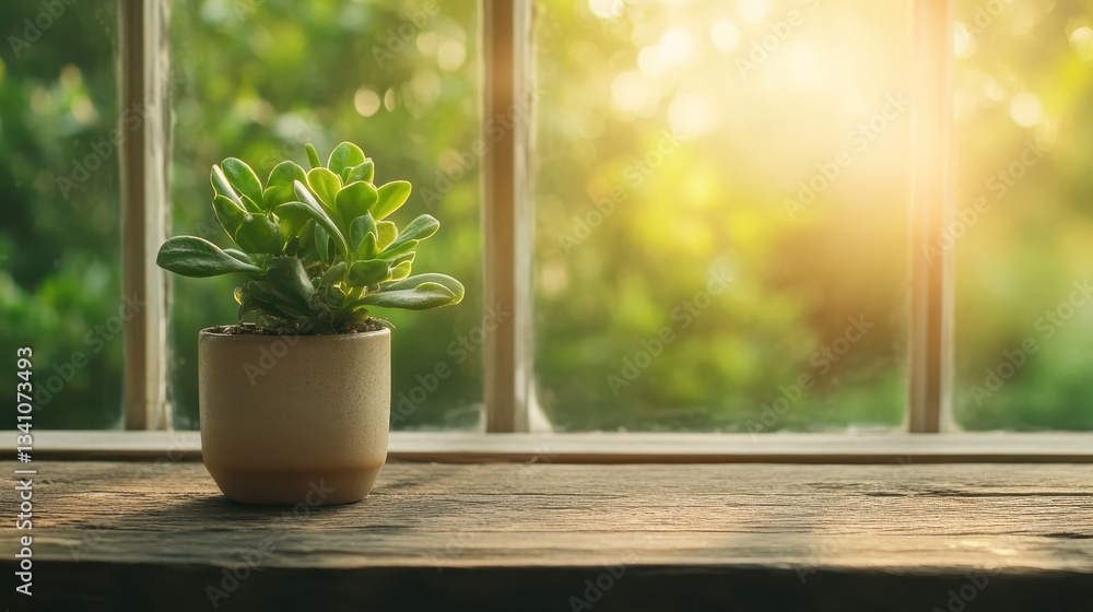 Poster a charming succulent in a small pot brightens up a windowsill, surrounded by soft greenery creating 