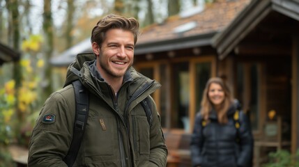 Fototapeta premium Happy Couple on a Hike Enjoying Nature in Front of a Cozy Cottage