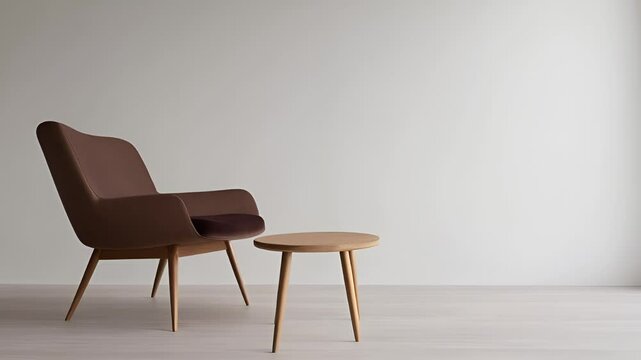 a mid-century modern chair, a small round coffee table, and empty white walls that leave room for additional graphic designs.