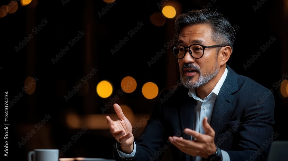 Poster a focused middle-aged man in a suit engages in a conversation, using hand gestures to emphasize his 