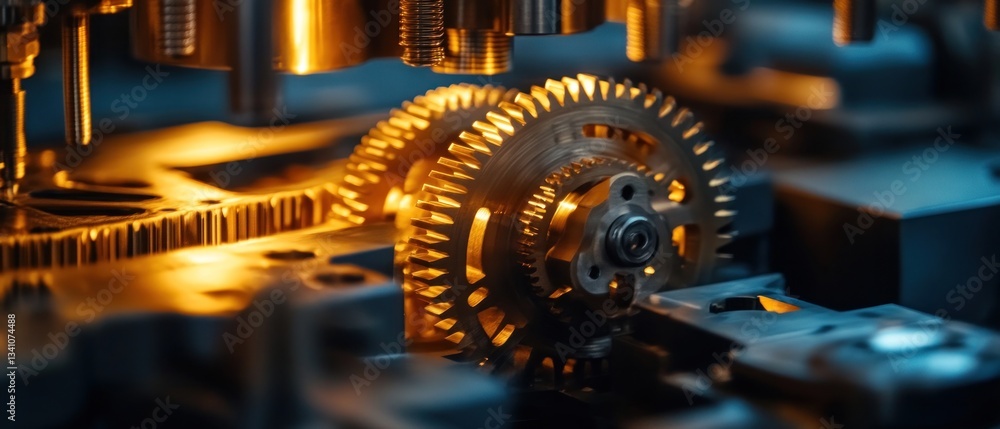 Poster close-up of intricate gears in a machine with glowing lights