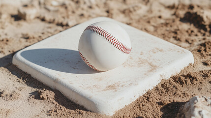 グラウンドに置かれた白い野球ボールの鮮やかな質感 | 陽光とベースの調和