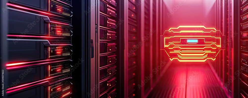 Poster Cybersecurity protection in cyberspace and computing concept. Futuristic data center with glowing red lights and servers.