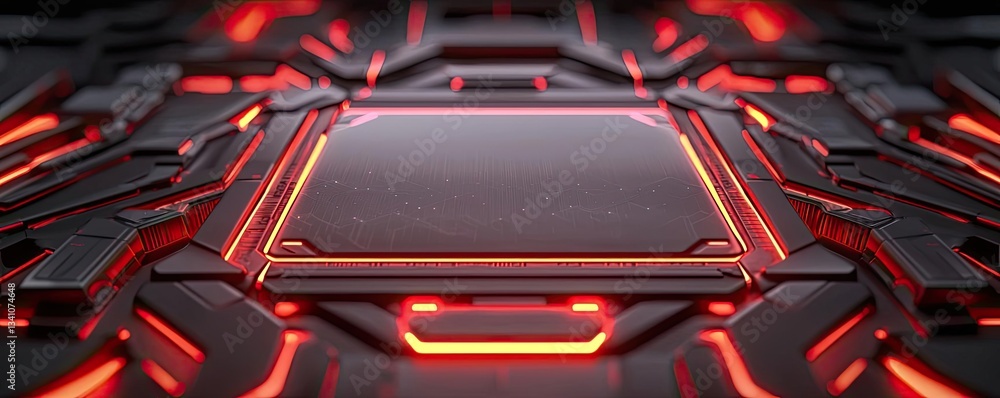 Poster Cybersecurity protection in cyberspace and computing concept. Futuristic glowing circuit design with vibrant red accents.