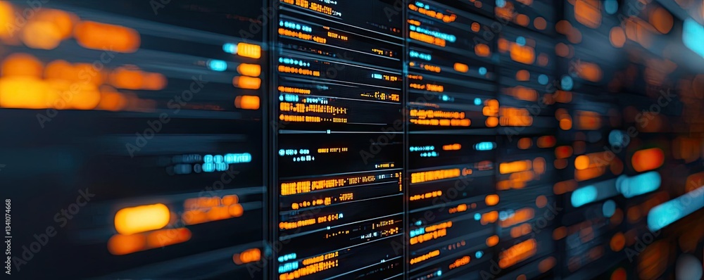 Fototapete Cybersecurity database computing and data protection concept. Abstract digital interface with glowing data patterns and codes.