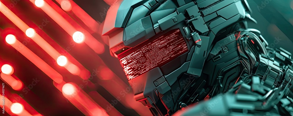 Aufkleber Cybersecurity protection in cyberspace and computing concept. Futuristic robot with digital elements and vibrant colors.