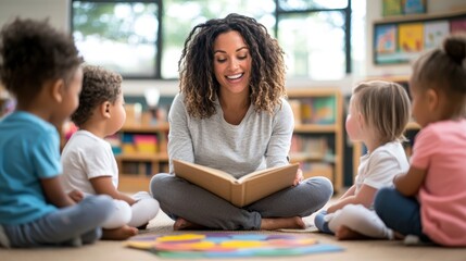 Engaging Kindergarten Teacher Reading Story to Young Children in Classroom