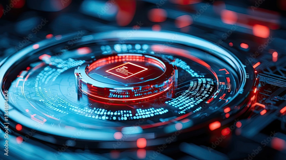 Poster Cybersecurity data protection in database computing concept. Futuristic technology design with glowing circuit elements.