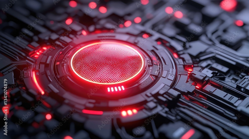 Aufkleber Cybersecurity protection in cyberspace and computing concept. Close-up of a futuristic circuit board with glowing red elements.