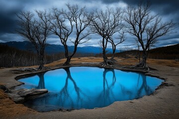 The famous Blue Pond (Aoi Ike) in Biei, Hokkaido, with its surreal turquoise water reflecting the tall, bare trees