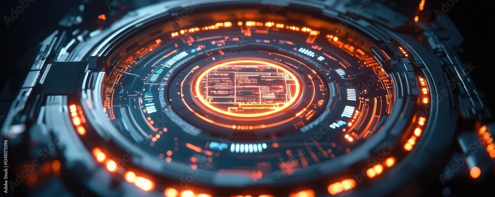 Aufkleber Cybersecurity data protection in database computing concept. Futuristic technology circuit with glowing orange lights.