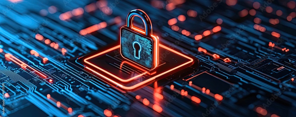 Aufkleber Cybersecurity database computing and data protection concept. Secure digital padlock on a futuristic circuit board background.