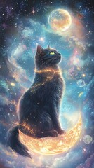 A majestic black cat with glowing celestial patterns on its fur, sitting atop a floating moon, gazing into the infinite galaxy