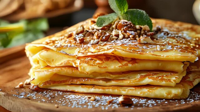 Close-up of a stack of golden crepes topped with nuts, powdered sugar, and mint leaves on a wooden plate