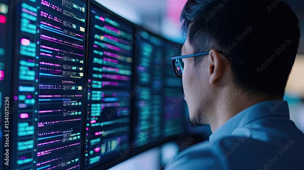 Aufkleber Cybersecurity database computing and data protection concept. Person analyzing data on multiple digital screens in a workspace.