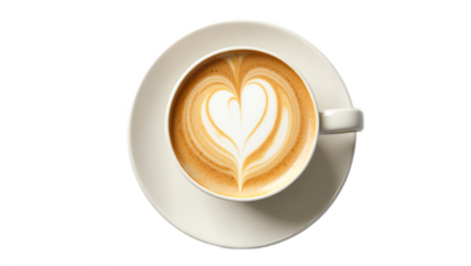 Heart latte art in white mug, top-down view. Serene coffee drink with foamy texture. Photorealistic. Isolated on transparent background. Perfect for cafe menus, romantic designs.